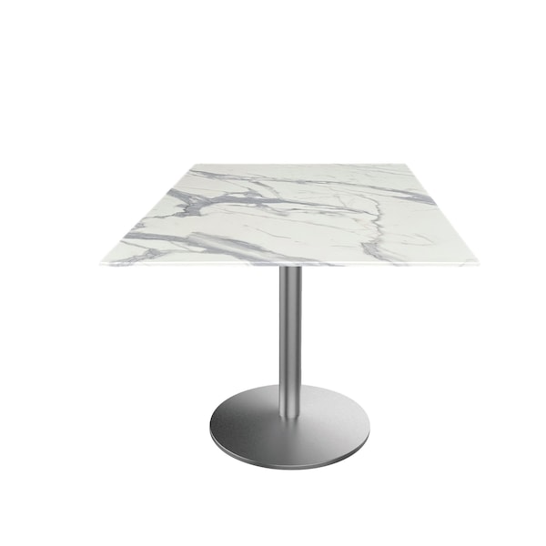 30 Tall OD214 St Steel Table Base w22 Dia foot, 32x32 Square White Marble Top, IndoorOutdoor